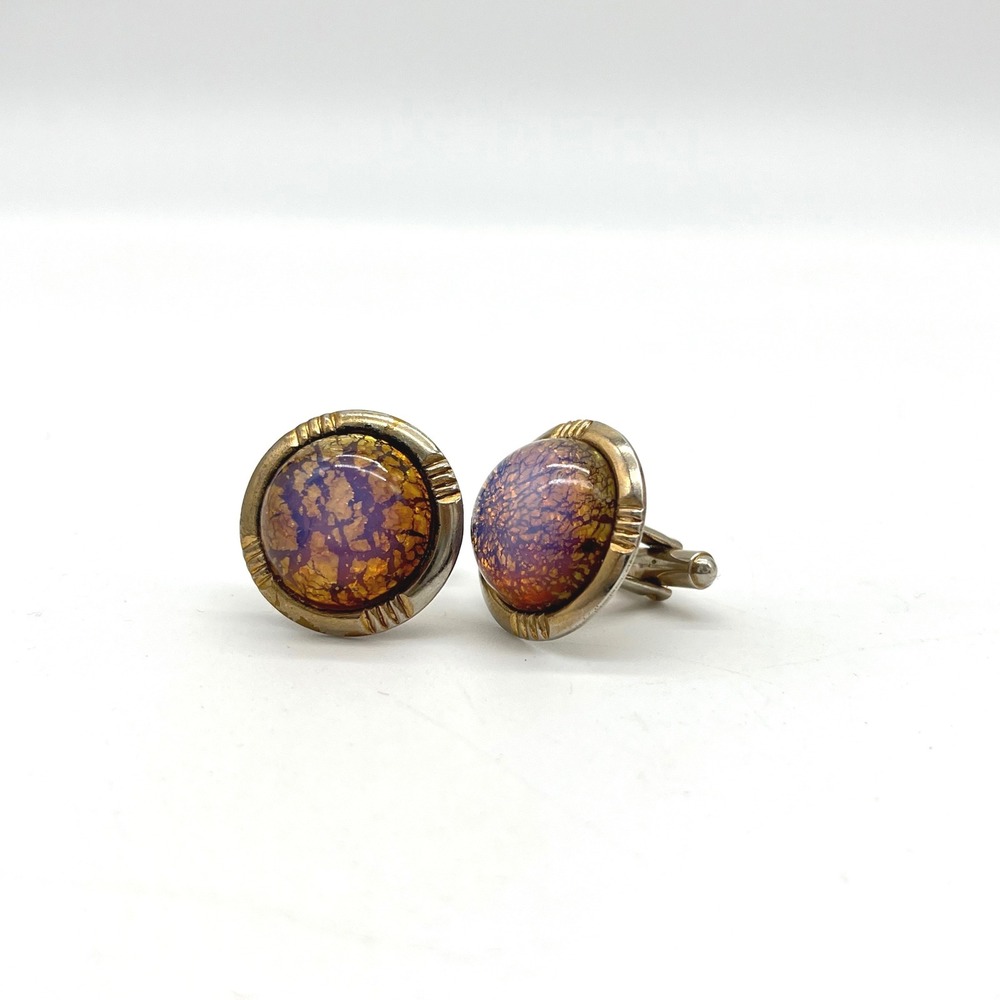 Vintage‎ Round Cufflinks Artistic Amber Purple Stone Metal Toggle Back Mens